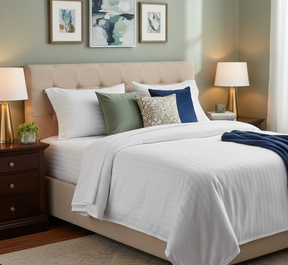 طقم شرشف ابيض مع المطاط  مقلم مقاس كوين 150*200 +30 سم